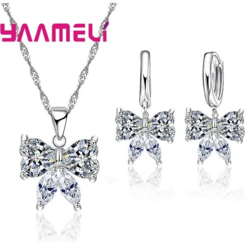 New Elegant Butterfly CZ Pendant Necklace and Earrings Jewelry Set for Women 925 Sterling Silver Sets Bride Best Gift