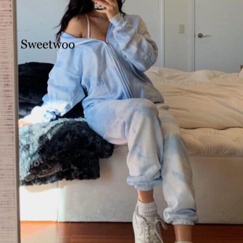 Women Joggers Tie-Dye Print Tracksuit Summer Full Length Casual Streetwear Sweatpants Hoodie High Waist Loose Womens Set 2020