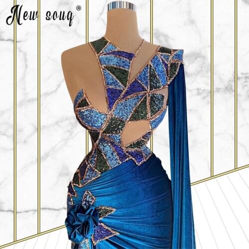 Blue One Shoulder Evening Dress with Cape Long Sleeve Women Party Dresses for Wedding Mermaid Insert Sequined Prom Dresses