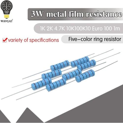 20pcs 3W Metal film resistor 1% 1R ~ 1M 1R 4.7R 10R 22R 33R 47R 1K 4.7K 10K 100K 1 4.7 10 22 33 47 4K7 ohm resistance