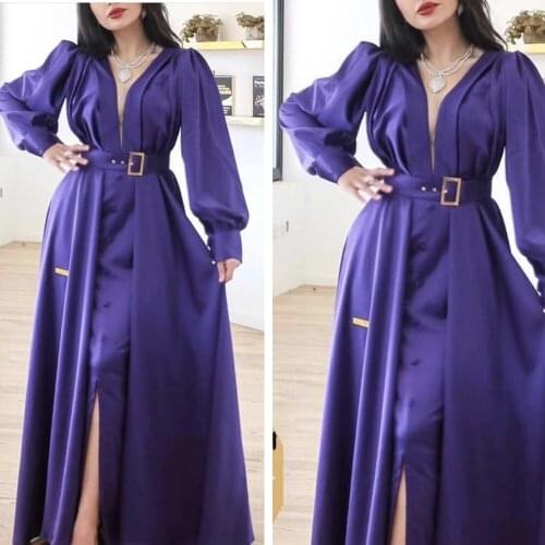 Satin prom dresses 2020 purple long sleeve belt a line evening dresses arabic formal dresses side slit party dress