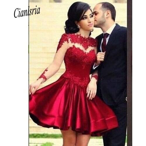 High Neck Long Sleeves Sheer Red Lace Satin Above Knee Length Homecoming Dresses Short Prom Dress See Through Party Dresses