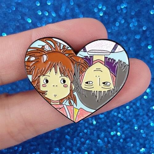 Glitter Chihiro and Haku Ture Love Heart Enamel Brooch Pin Hat Bag Lapel Pins Badges Women Mens Fashion Jewelry Accessories