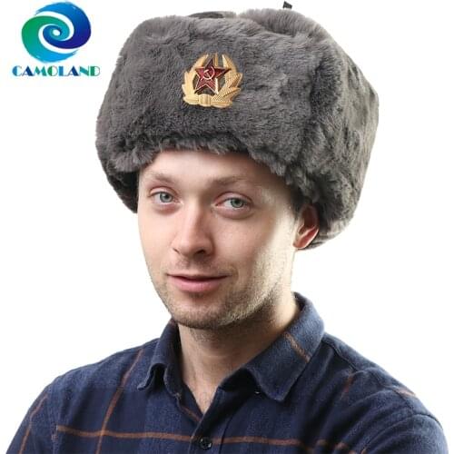 CAMOLAND Soviet Army Military Badge Bomber Hats For Men Women Faux Fur Winter Hat Russia Ushanka Pilot Earflap Hat