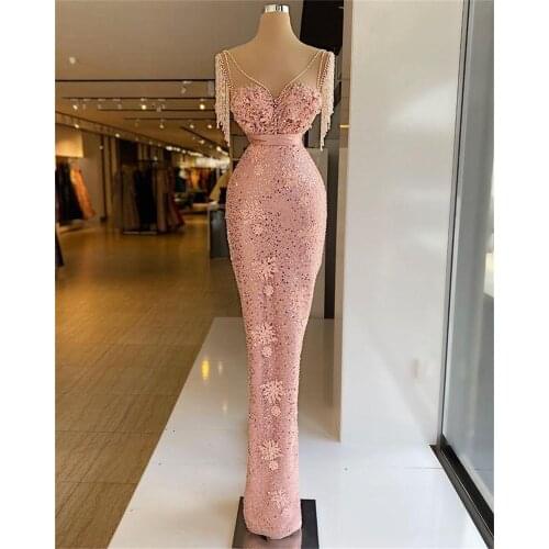 Pink Celebrity Dresses Mermaid V-Neck Sequin Pearls Tassel Famous Long Formal Red Carpet Dresses