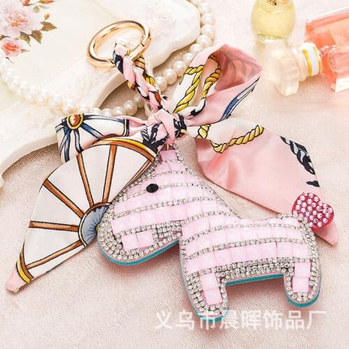 Crystal Little Pony Horse Bowknot Keychain Women Bag Pendant Charm Silk Scarves Pom pom Key Chain Buckle Key Ring Holder F135