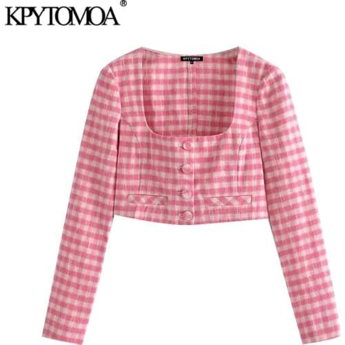KPYTOMOA Women 2021 Fashion With Covered Buttons Check Cropped Blouses Vintage Long Sleeve Back Zipper Female Shirts Chic Tops