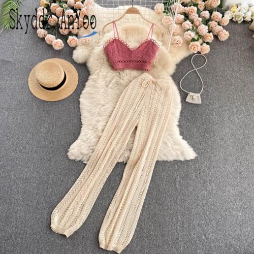 Summer Boho 2 Pieces Set Women Crop Top And Hollow Out Knited Long Pant Suits Casual Two Piece Female set