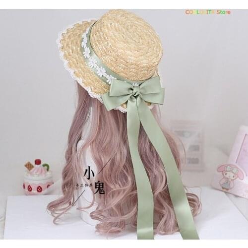 Multicolor Lolita Vintage French Victorian Sweet Flat Top Hat Female Straw hat Bowknot Elegant Bandge Large eave Sunhat Cosplay