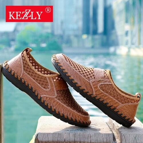 KEZZLY New Men Shoes Summer Breathable Mesh Shoes Mens Casual Shoes Genuine Leather Fashion Summer Shoe Man Soft Comfortable