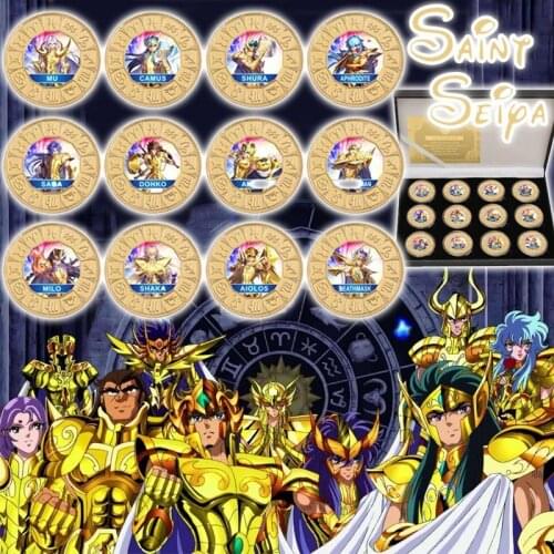 Saint Seiya Signs of The Zodiac Gold Saint Commemorative Coin Set with Coin Holder Japan Anime Challenge Coin Gift for Boys Men