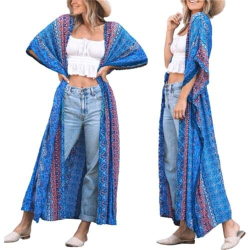 Meihuida 2021 New Women Casual Beach Blouse Irregular Printed Pattern Half Sleeves Long Tops Blue/ Yellow Plus Cover-Ups