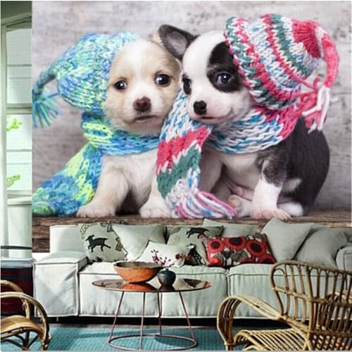 Custom 3D large mural,Two cute puppies with wool hat papel de parede ,living room sofa TV wall bedroom wall paper
