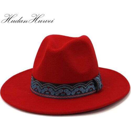 Solid Oversized Women Men Wide Brim Panama Wollen Felt Fedora Jazz Hat Trilby Cowboy Elegant Ladies Church Hats Caps