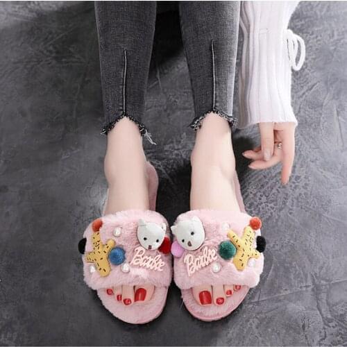 Autumn Winter Female Cotton Shoes INS Cute Fur Fluffy Flat Slides Outside Non-Slip Korean Style Plush Women Slippers For Home