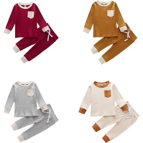 1-4Years Autumn Ribbed Clothing Baby Long Sleeves + Trousers Simple Color Classic Round Neck Closure Patchwork Clothing