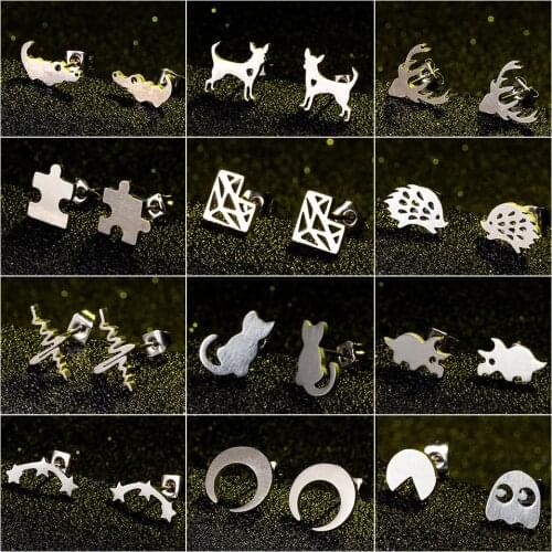 Tiny Cute Stainless Steel Crescent Moon Star Deer Dinosaur Earring Mini Cat Dog Ear Studs Fashion Animal BFF Jewelry Party Gift