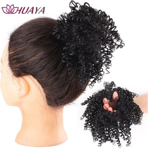 HUAYA Synthetic Short Afro Puff Hair Bun Synthetic Elastic Chignons Afro Kinky Curly Hairpiece Hair Extensions Heat Resistant