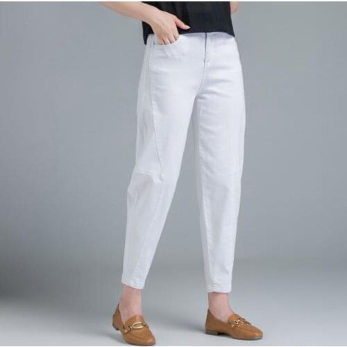 2020 New Spring Women Zipper Fly High Waist Casual Ankle-length Jeans Trousers Female Solid Cotton Denim Loose Harem Pants N139