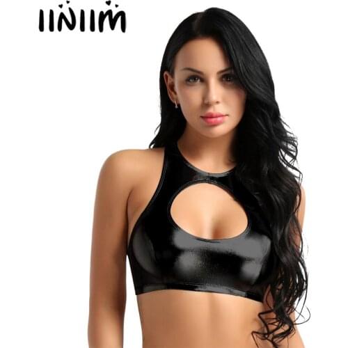 Women Summer Shiny Soft Costumes Faux Leather Sleeveless Round Neck Cut Out Crop Tops Dancewear for Evening Nightclub Pole Party