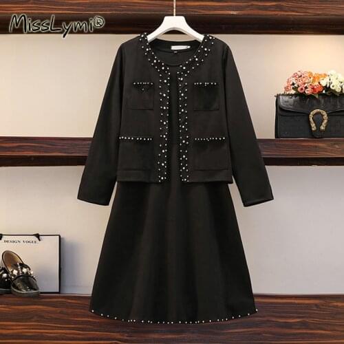 5XL Plus Size Women Black Elegant Two Piece Dress Spring 2021 Long Sleeve Rivet Tops and Sleeveless Beading Ladies Dresses