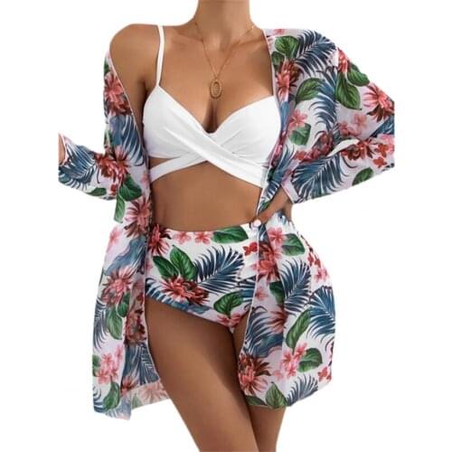Women Swimsuit Set Floral Leaf Print Padded Bandage Bra High Waist Briefs Cargidan Swimwear for Summer swimwear with cover up