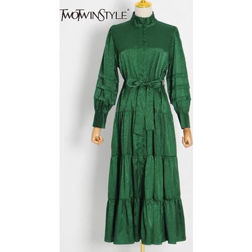 TWOTWINSTYLE Vintage Green Lace Up Long Dress Female Stand Collar Lantern Sleeve High Waist Maxi Dresses For Women 2021 Clothing