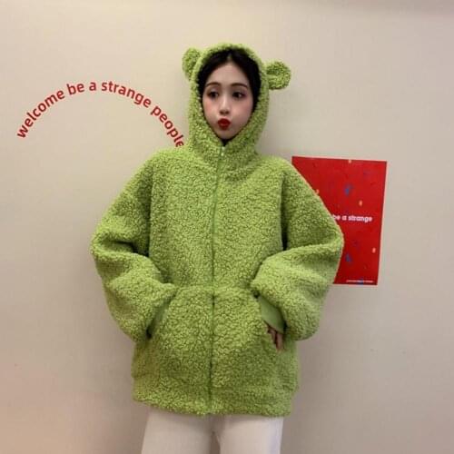 65% Dropshipping!!Women Autumn Winter Long Sleeve Cute Ears Faux Fleece Zipper Pocket Hoodie Coat