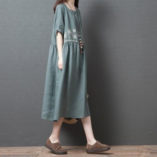 2020 Summer Women Plus Size Cotton Linen Shirt Dress Art Embroidery Casual Loose Robe Pleated Midi Dresses Kaftan Vestidos Tunic