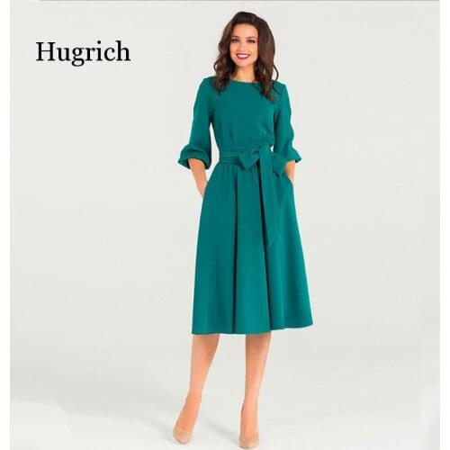 Summer Autumn Women Dress 2021 Solid Color High Waist A Line Ladies Midi Dresses Casual Puff Sleeve Vintage Dress Women