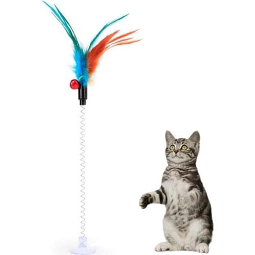 1pc Cat Toy Funny Interactive Suction Spring Cat Toy Cat Feather Wand Cat Teaser Pet Supplies Cat Favors Random Color