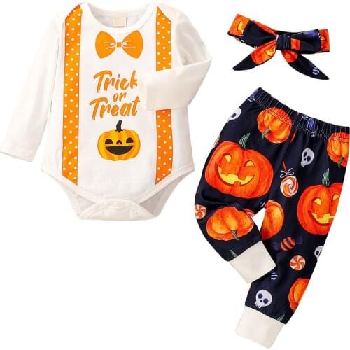 3 Pcs Babys Clothes Newborn Halloween Outfits Infant Pumpkin Letter Print Long Sleeve Round Neck Romper Pants Bowknot Headband