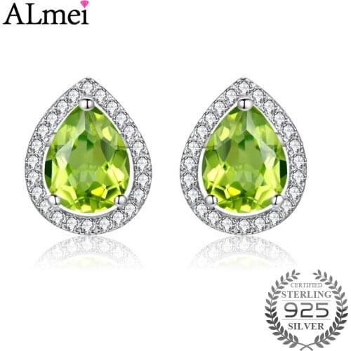 Almei 1.7CT Elegant Water Drop Shaped Green Peridot Crystal Bridal Stud Earrings Luxury Wedding Jewerly for Brides CR004