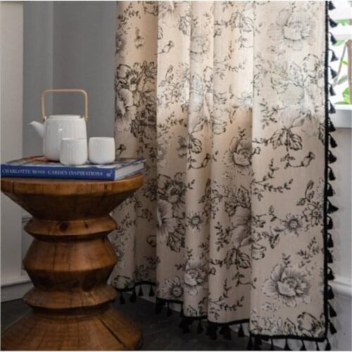 Bohemia Black Tassels Curtains For Living Room Sheer Semi-Blackout Printed Rose Kitchen Bay Window Blinds Drapes Finished JD1105