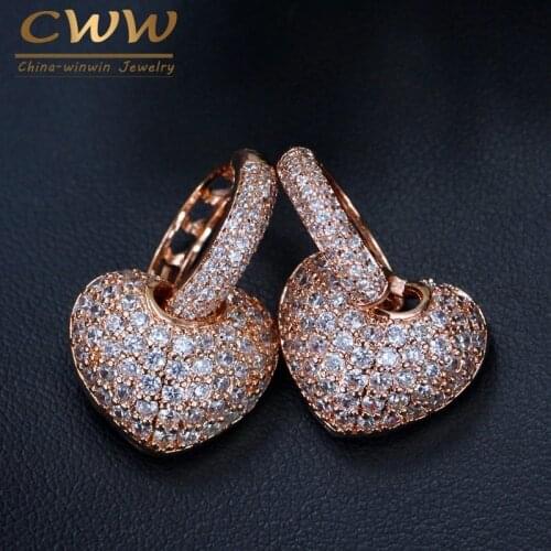 CWWZircons Micro Pave Cubic Zirconia High Quality Lovely Cute Rose Gold Color Small CZ Hoop Heart Earrings for Women CZ038