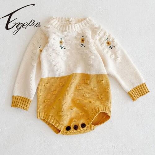 Engepapa Korean Style Toddler Baby Girl Knitting Romper Flower Embroidery Long Sleeve Jumpsuit Spring Autumn Baby Girls Clothes