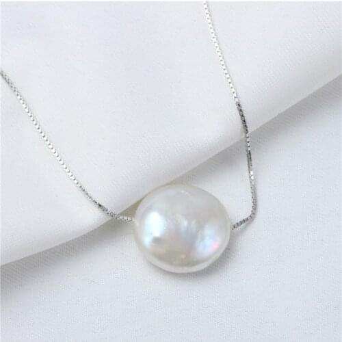 Classic AA 12MM Large Coin Single Pearl Jewellery,White Color Freshwater Pearl Silvers Necklace,Bridesmaid Wedding Gift