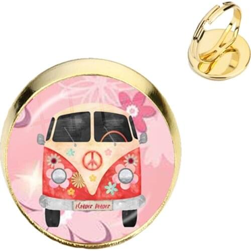 New Vintage Hippie Peace Sign Bus Rings Glass Cabochon Car Photo Badge Adjustable Rings Fashion Men Women Jewelry For Gift