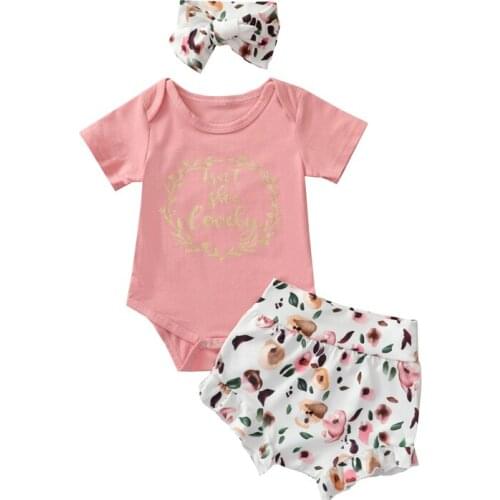 3Pcs Girl Summer Tracksuits Baby Letters Print Short Sleeves Romper + High-Waist Shorts + Headband for Toddler 0-24 Months