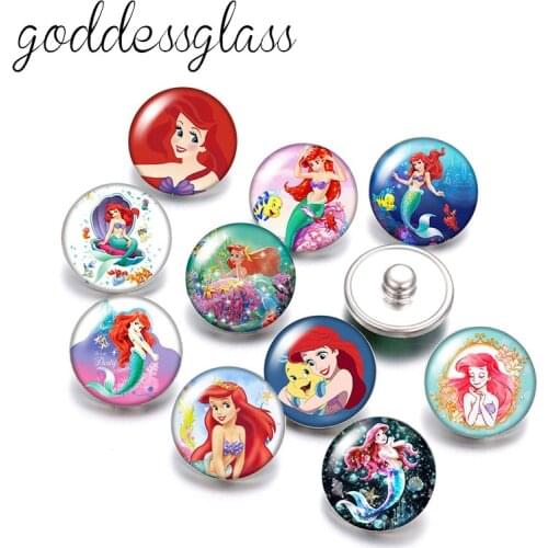 Disney The Little Mermaid Princess ariel 10pcs Round photo glass 18mm snap buttons for 18mm snap bracelets jewelry wholesale