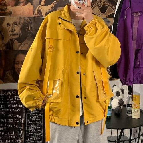 Spring Autumn New Zip Up Men Jacket Fashion Loose Zipper Multi-Pocket Ribbon Coats Streetwear Black Yellow Bomber Overcoat 5XL