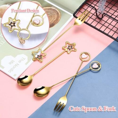 Cute Stainless Steel Tableware Creative Pendant Spoon & Fork for Coffee Sugar Tea Ice Cream Kitchen Tableware (Birthday Gift)