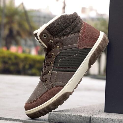 Mens Leather High-Top Cotton Shoes Winter Plus Fleece Warm Lace-Up Sneakers Outdoor Non-Slip Keep Warm Casual Snow Cotton Boots