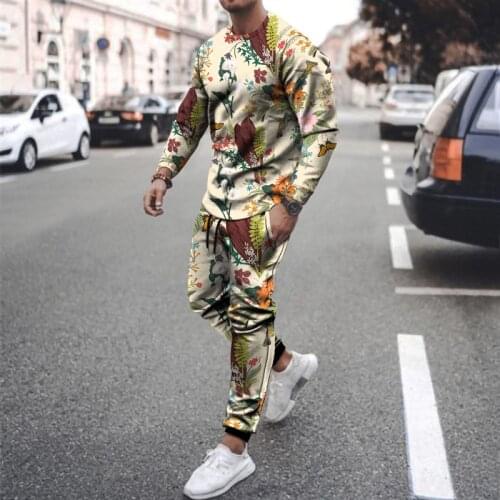 Mens sports suit T-shirt + trousers workout clothes 2-piece set 3D animal color printing long-sleeved sportswear