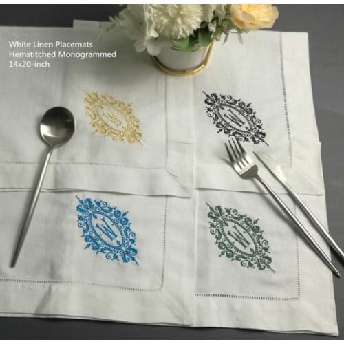 Set of 12 Fashion Monogrammed Placemats 14"x20"White Hemstitched Cotton Table Cloth with Color Embroidered Initial W