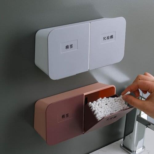 2 Colors Wall Cotton Swab Storage Box Double-Grid Cosmetic Cotton Pads Storage Box Dust-Proof Case Home Bathroom Organizer