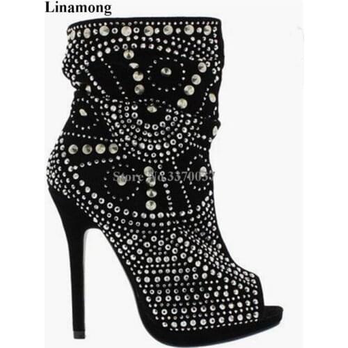 Newest Women Fashion Open Toe Suede Leather Metal Rivet Ankle Boots Slip-on Black Beige Spike High Heel Ankle Boots Dropship