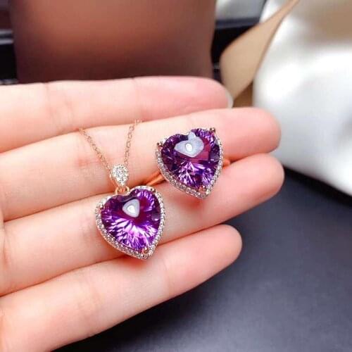 High-quality Amethyst Heart-shaped Pendant Necklace Ring Set S925 Fine Fashion Wedding Jewelry for Women Free Shipping