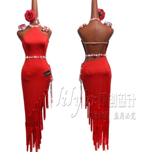 New Latin Dance Dress Competition Dress Costumes Skirt Performing Dress Rhinestones Adult Customize Children Red Fringed Skirt