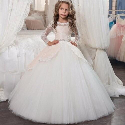 Romantic Flower Girl Dress for Weddings Organza Lace Applique Long sleeve Ball Gown Girl Party Holy Communion Pageant Dresse